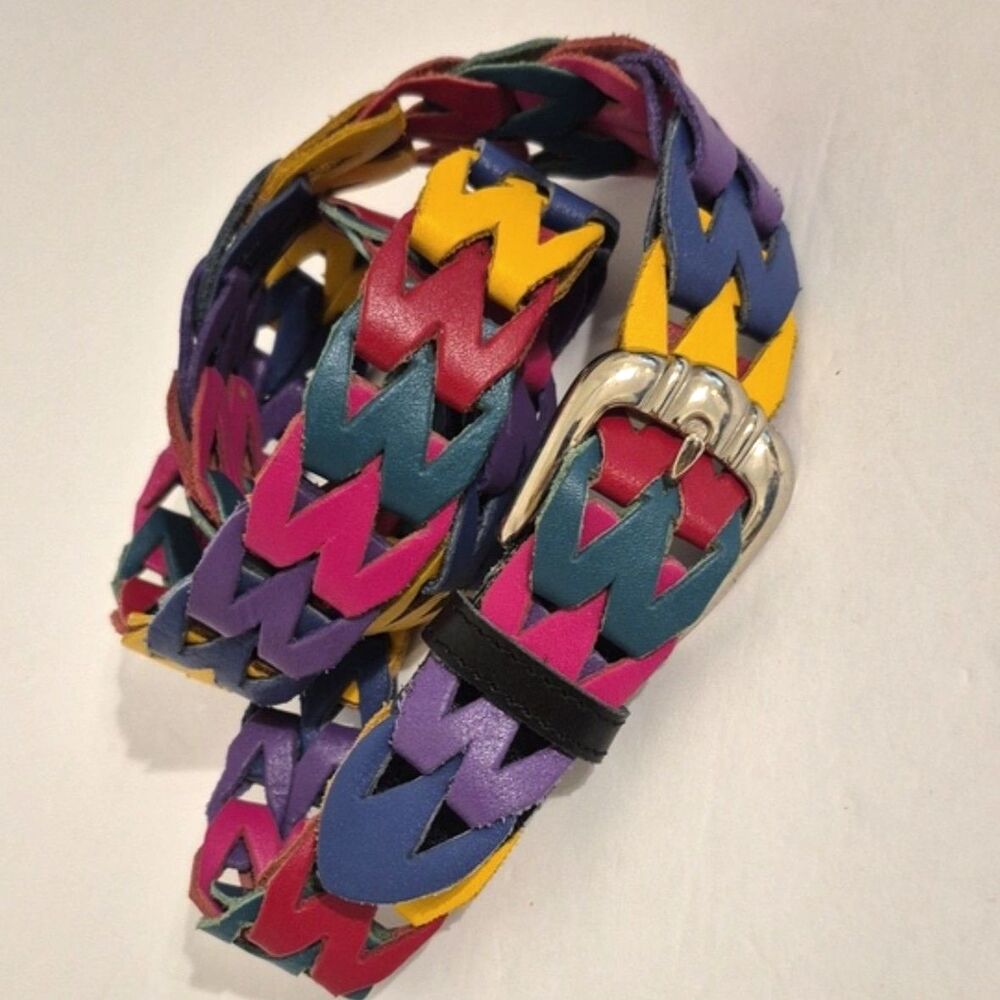 Genuine Leather Rainbow Braided Belt XL Multicolor Boho Y2K Festival Western